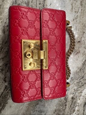 Gucci Red Embossed Leather Crossbody with Gold Chain Additional Photos!!